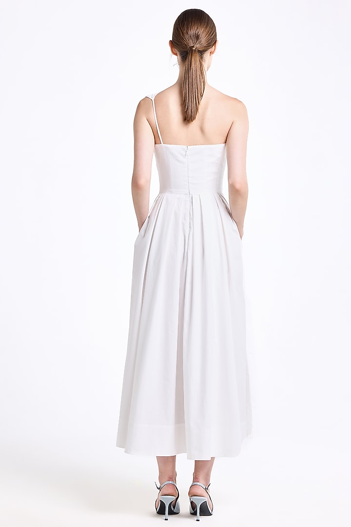 Cream Stretch Cotton Thread Embroidered One-Shoulder Draped Midi Cocktail Dress by Gauri And Nainika at Pernia's Pop Up Shop