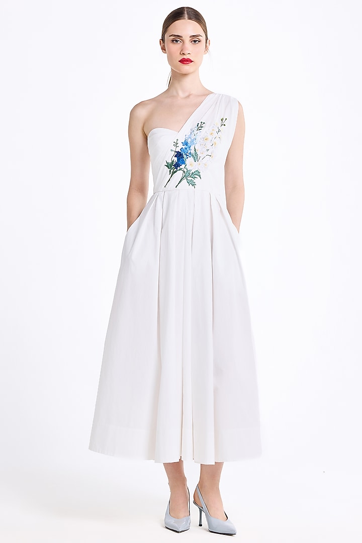 Cream Stretch Cotton Thread Embroidered One-Shoulder Draped Midi Cocktail Dress by Gauri And Nainika at Pernia's Pop Up Shop