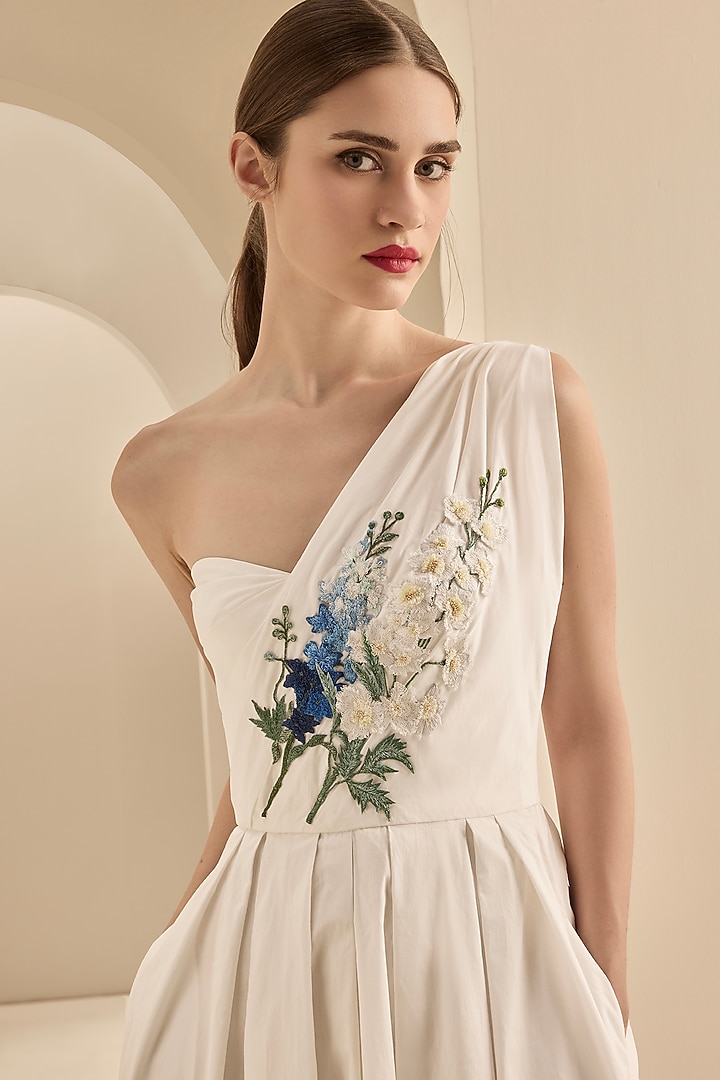 Cream Stretch Cotton Thread Embroidered One-Shoulder Draped Midi Cocktail Dress by Gauri And Nainika at Pernia's Pop Up Shop