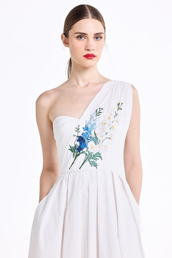 Cream Stretch Cotton Thread Embroidered One-Shoulder Draped Midi Cocktail Dress by Gauri And Nainika at Pernia's Pop Up Shop