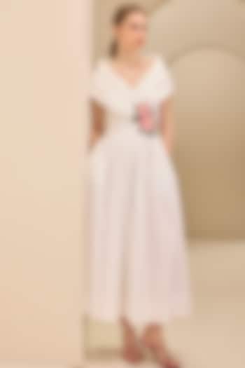 Cream Stretch Cotton Thread Embroidered Draped Midi Party Wear Dress by Gauri And Nainika at Pernia's Pop Up Shop