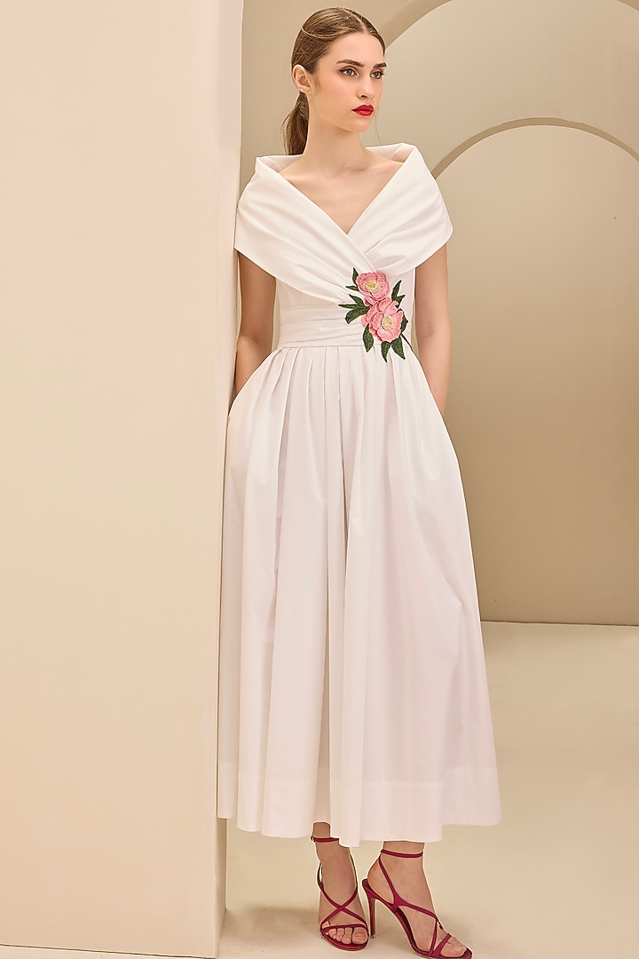 Cream Stretch Cotton Thread Embroidered Draped Midi Party Wear Dress by Gauri And Nainika at Pernia's Pop Up Shop