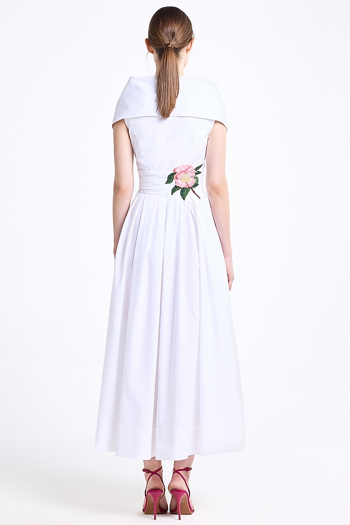 Cream Stretch Cotton Thread Embroidered Draped Midi Cocktail Dress by Gauri And Nainika at Pernia's Pop Up Shop