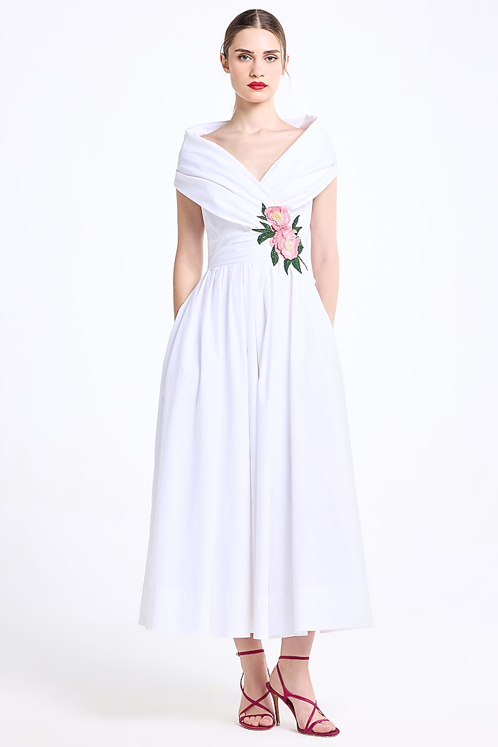 Cream Stretch Cotton Thread Embroidered Draped Midi Cocktail Dress by Gauri And Nainika at Pernia's Pop Up Shop