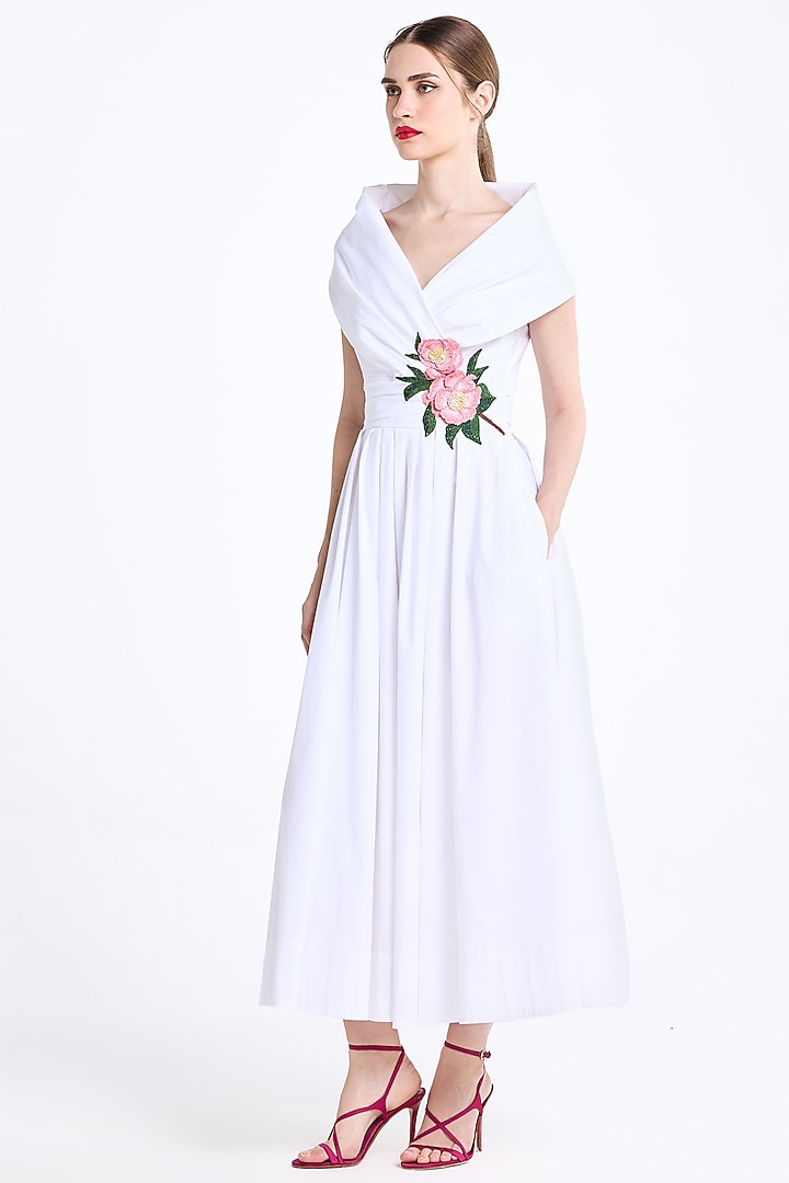 Cream Stretch Cotton Thread Embroidered Draped Midi Cocktail Dress by Gauri And Nainika at Pernia's Pop Up Shop
