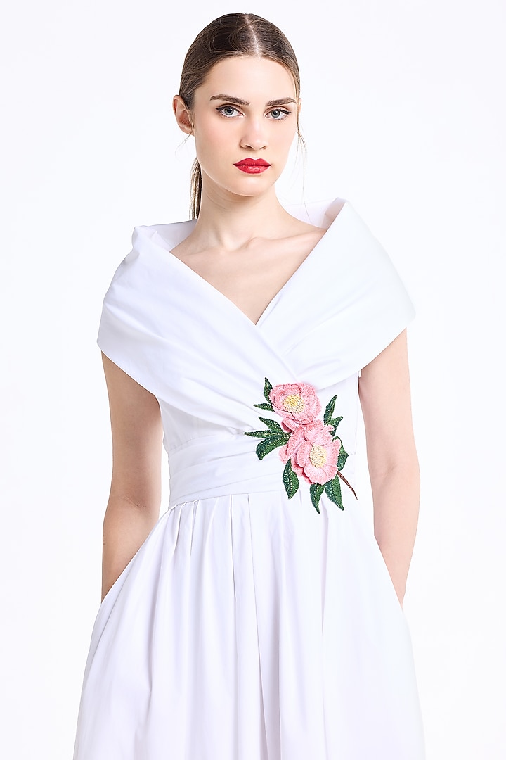 Cream Stretch Cotton Thread Embroidered Draped Midi Cocktail Dress by Gauri And Nainika at Pernia's Pop Up Shop
