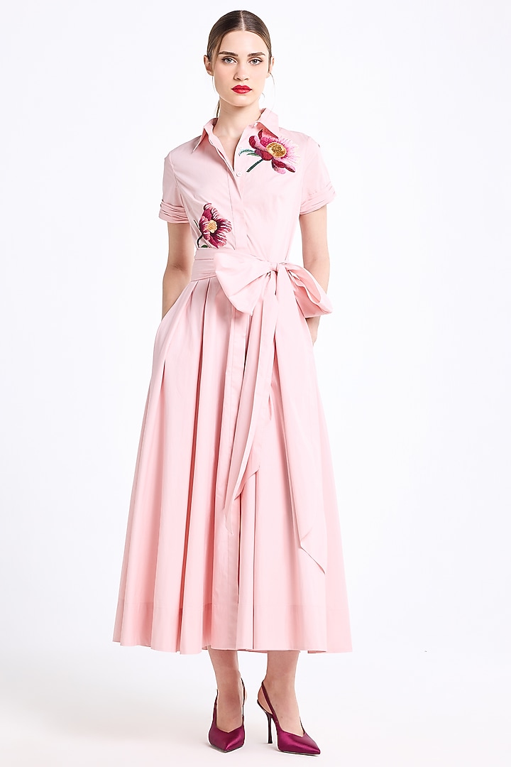 Pink Cotton Thread Embroidered Cocktail Shirt Dress by Gauri And Nainika at Pernia's Pop Up Shop