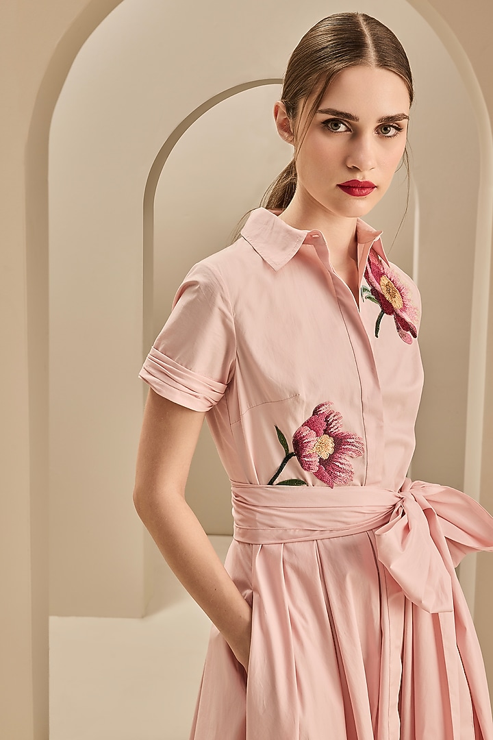 Pink Cotton Thread Embroidered Cocktail Shirt Dress by Gauri And Nainika at Pernia's Pop Up Shop