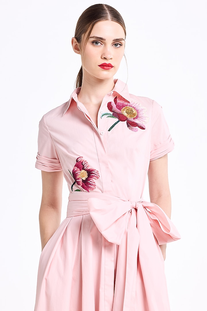 Pink Cotton Thread Embroidered Cocktail Shirt Dress by Gauri And Nainika at Pernia's Pop Up Shop