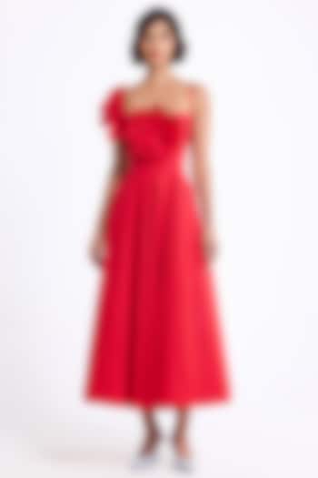 Red Cotton One-Shoulder Floral Ruffled Cocktail Dress by Gauri And Nainika at Pernia's Pop Up Shop