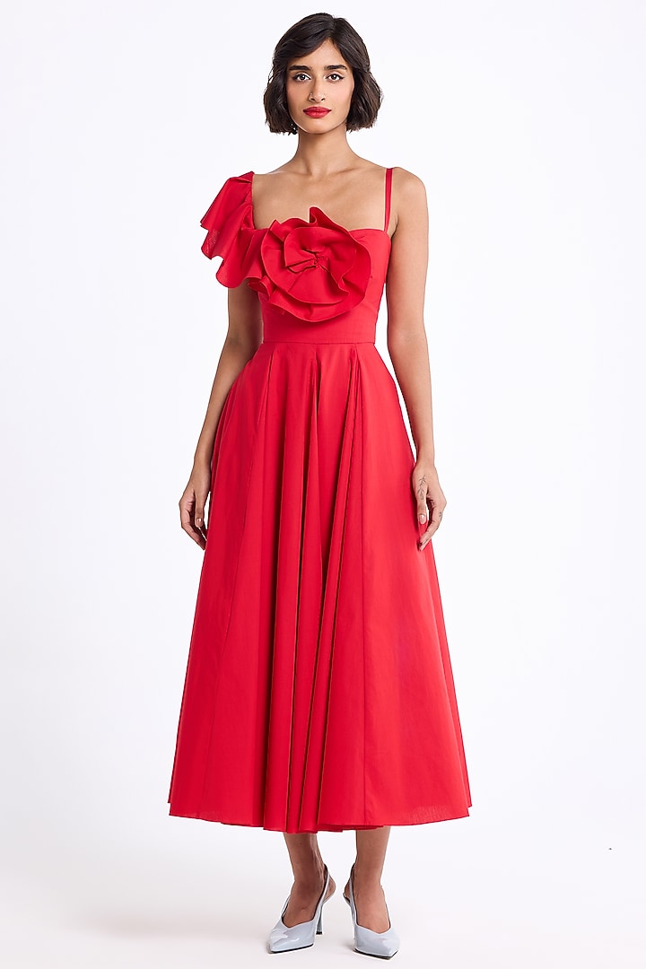 Red Cotton One-Shoulder Floral Ruffled Cocktail Dress by Gauri And Nainika at Pernia's Pop Up Shop