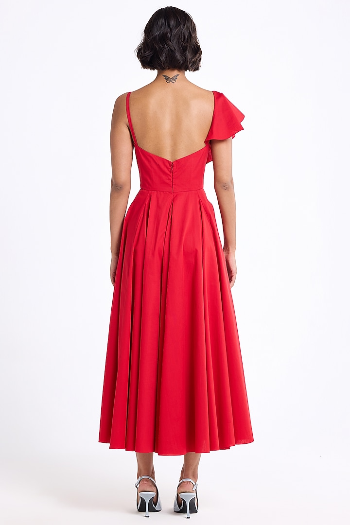 Red Cotton One-Shoulder Floral Ruffled Cocktail Dress by Gauri And Nainika at Pernia's Pop Up Shop