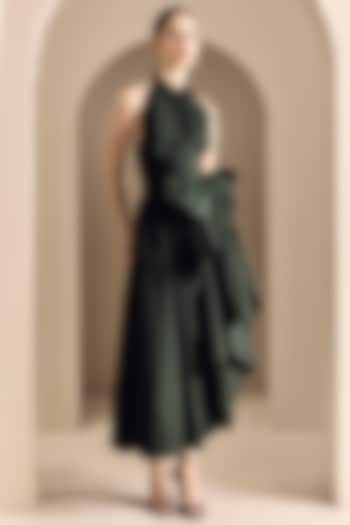 Military Green Poplin Cotton Draped Midi Cocktail Dress by Gauri And Nainika at Pernia's Pop Up Shop