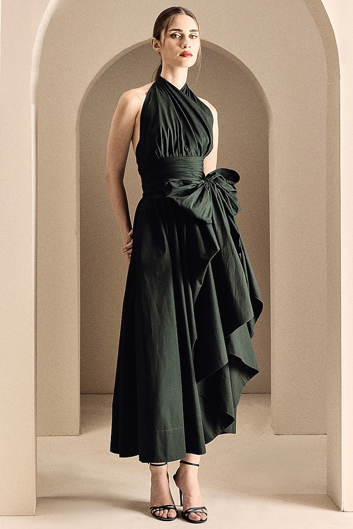 Military Green Poplin Cotton Draped Midi Cocktail Dress by Gauri And Nainika at Pernia's Pop Up Shop