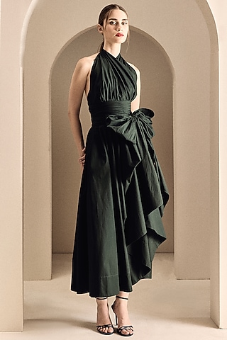Military Green Poplin Cotton Draped Midi Dress by Gauri And Nainika