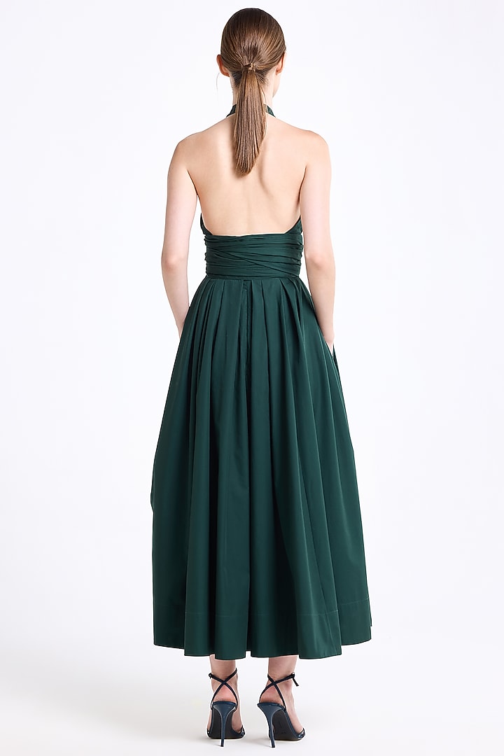 Military Green Poplin Cotton Draped Midi Cocktail Dress by Gauri And Nainika at Pernia's Pop Up Shop