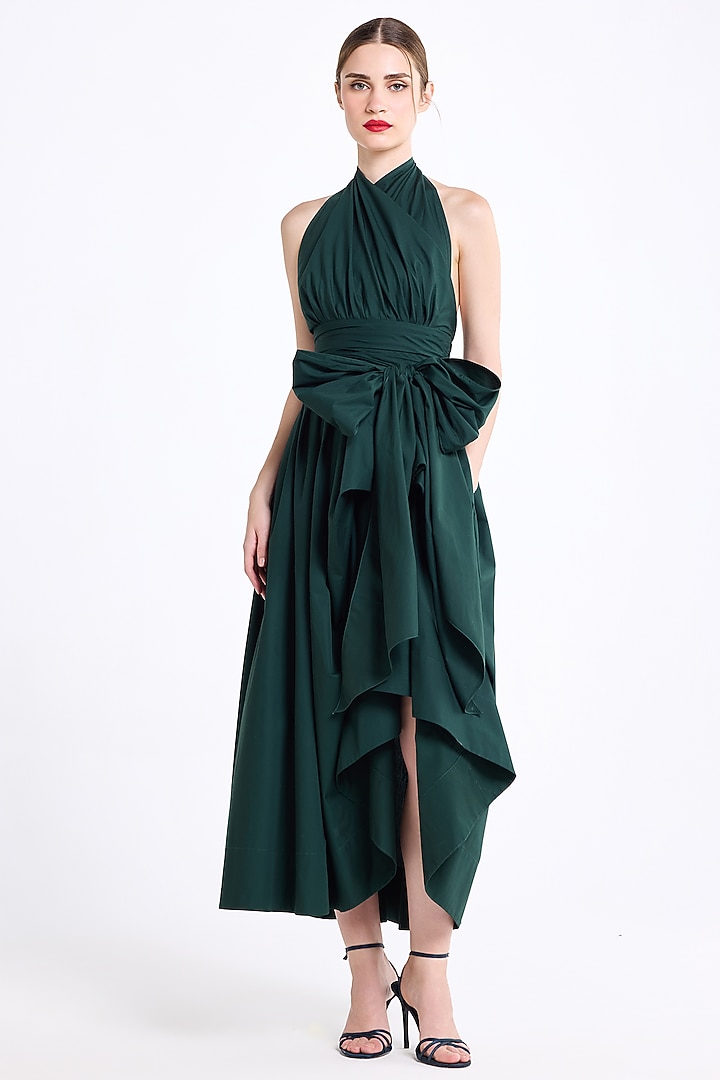 Military Green Poplin Cotton Draped Midi Cocktail Dress by Gauri And Nainika at Pernia's Pop Up Shop