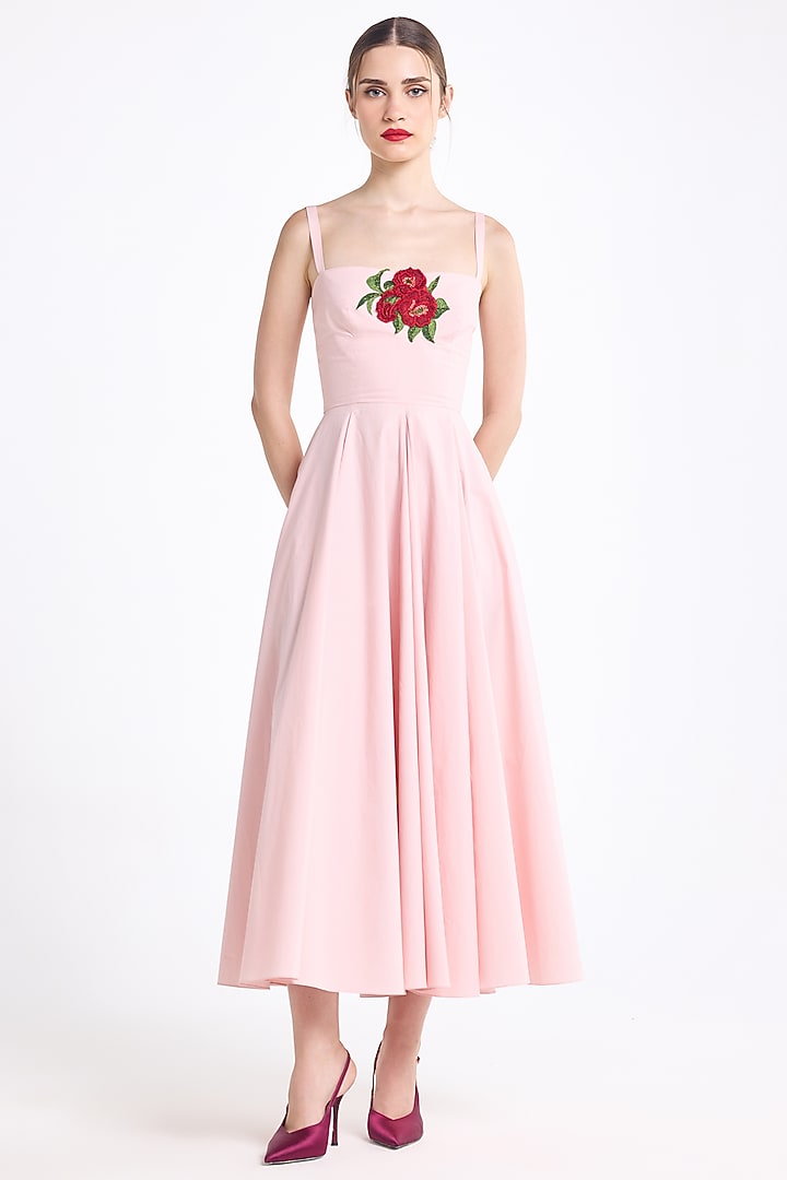Pink Cotton Floral Embroidered Flared Midi Cocktail Dress by Gauri And Nainika at Pernia's Pop Up Shop
