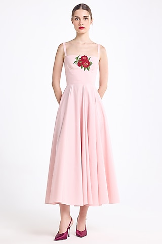 Pink Cotton Floral Embroidered Flared Midi Dress by Gauri And Nainika
