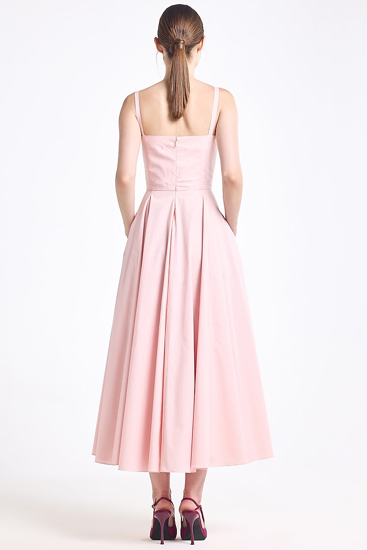 Pink Cotton Floral Embroidered Flared Midi Cocktail Dress by Gauri And Nainika at Pernia's Pop Up Shop