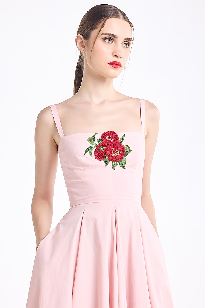 Pink Cotton Floral Embroidered Flared Midi Cocktail Dress by Gauri And Nainika at Pernia's Pop Up Shop