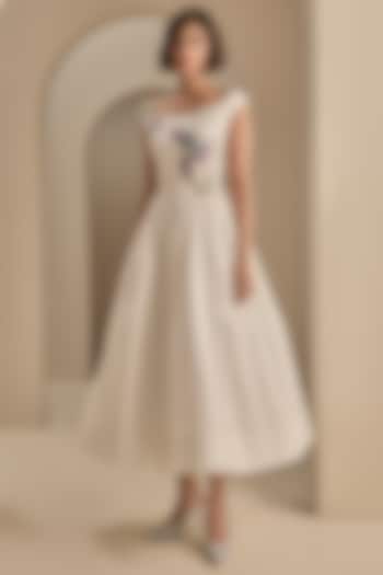 Cream Stretch Cotton Thread Embroidered Midi Party Wear Dress by Gauri And Nainika at Pernia's Pop Up Shop