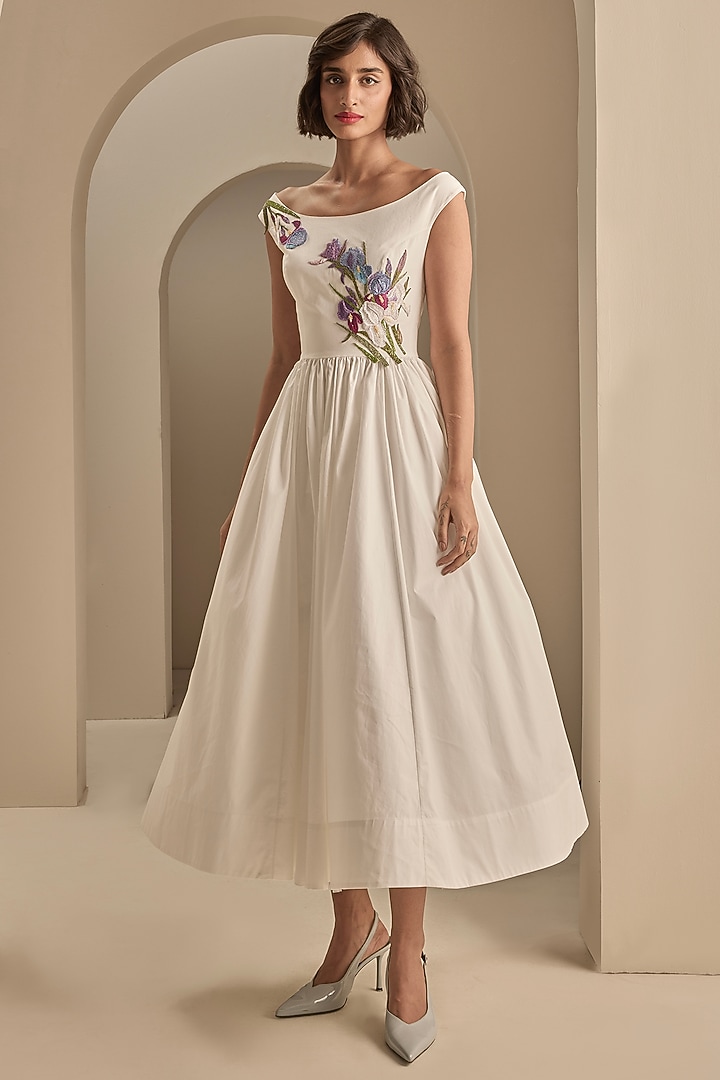 Cream Stretch Cotton Thread Embroidered Midi Party Wear Dress by Gauri And Nainika at Pernia's Pop Up Shop
