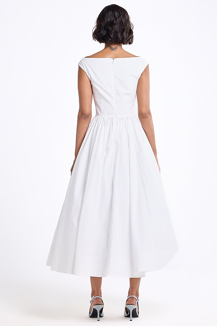Cream Stretch Cotton Thread Embroidered Midi Party Wear Dress by Gauri And Nainika at Pernia's Pop Up Shop
