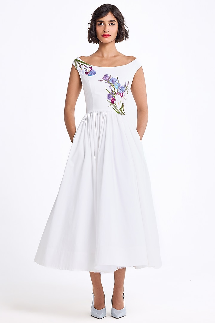 Cream Stretch Cotton Thread Embroidered Midi Party Wear Dress by Gauri And Nainika at Pernia's Pop Up Shop