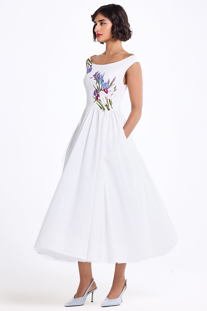 Cream Stretch Cotton Thread Embroidered Midi Party Wear Dress by Gauri And Nainika at Pernia's Pop Up Shop