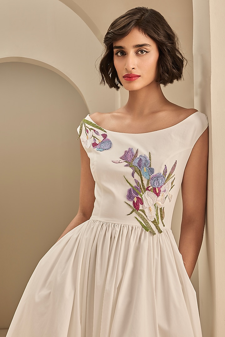 Cream Stretch Cotton Thread Embroidered Midi Party Wear Dress by Gauri And Nainika at Pernia's Pop Up Shop