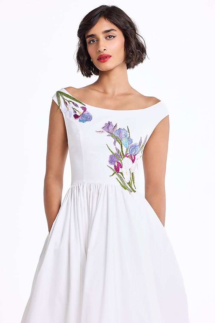 Cream Stretch Cotton Thread Embroidered Midi Party Wear Dress by Gauri And Nainika at Pernia's Pop Up Shop