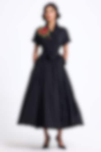 Black Cotton Thread Embroidered Flared Party Wear Shirt Dress by Gauri And Nainika at Pernia's Pop Up Shop