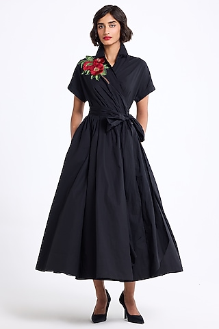 Black Cotton Thread Embroidered Flared Shirt Dress by Gauri And Nainika