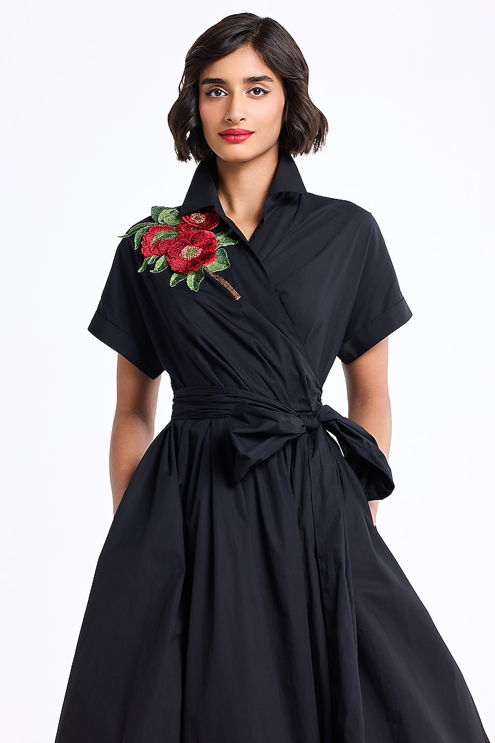 Black Cotton Thread Embroidered Flared Party Wear Shirt Dress by Gauri And Nainika at Pernia's Pop Up Shop
