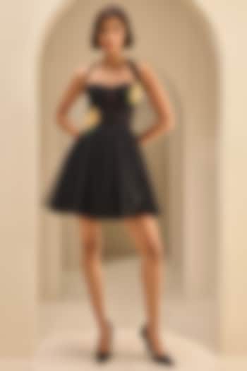 Black Tulle Thread Embroidered Halter Mini Party Wear Dress by Gauri And Nainika at Pernia's Pop Up Shop