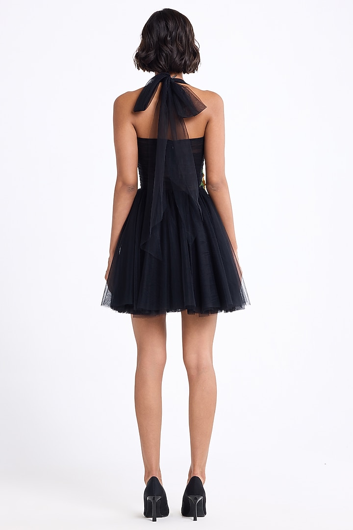 Black Tulle Thread Embroidered Halter Mini Party Wear Dress by Gauri And Nainika at Pernia's Pop Up Shop