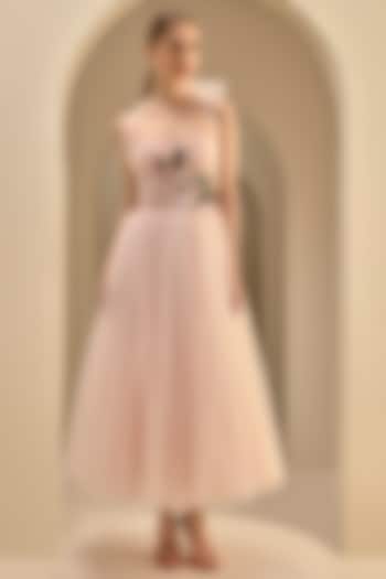 Light Pink Tulle Thread Embroidered Halter Midi Party Wear Dress by Gauri And Nainika at Pernia's Pop Up Shop