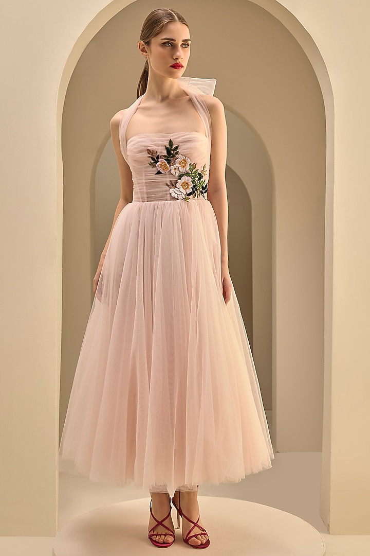 Light Pink Tulle Thread Embroidered Halter Midi Party Wear Dress by Gauri And Nainika at Pernia's Pop Up Shop