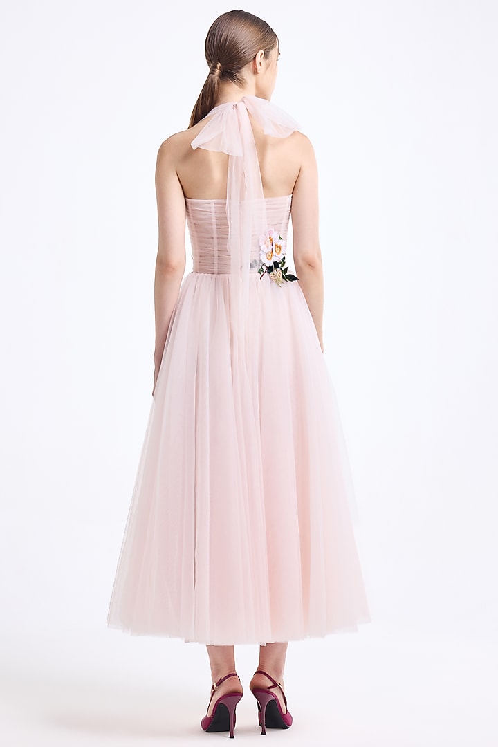 Light Pink Tulle Thread Embroidered Halter Midi Party Wear Dress by Gauri And Nainika at Pernia's Pop Up Shop