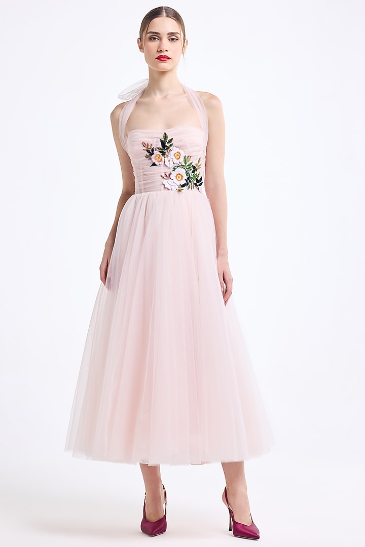 Light Pink Tulle Thread Embroidered Halter Midi Party Wear Dress by Gauri And Nainika at Pernia's Pop Up Shop