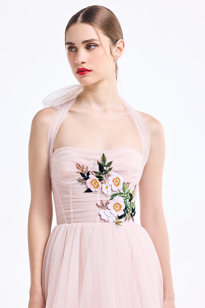 Light Pink Tulle Thread Embroidered Halter Midi Party Wear Dress by Gauri And Nainika at Pernia's Pop Up Shop