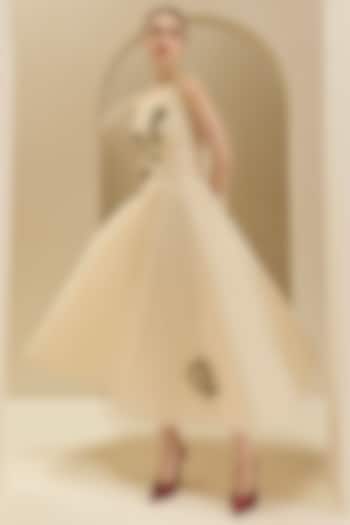 Nude Tulle Thread Embroidered Draped Midi Party Wear Dress by Gauri And Nainika at Pernia's Pop Up Shop