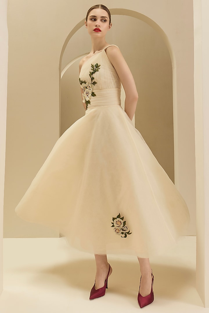 Nude Tulle Thread Embroidered Draped Midi Party Wear Dress by Gauri And Nainika at Pernia's Pop Up Shop