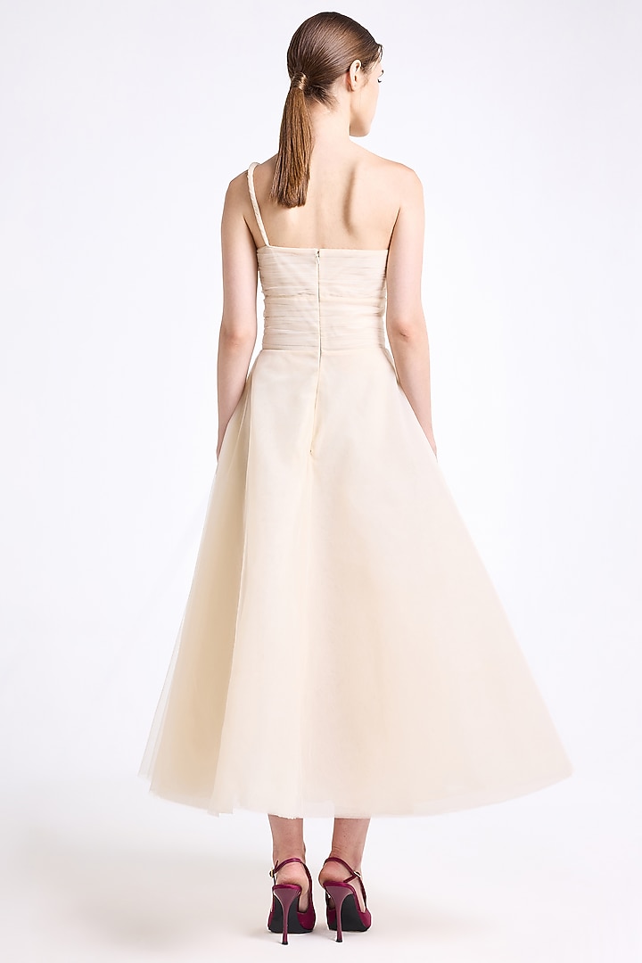 Nude Tulle Thread Embroidered Draped Midi Party Wear Dress by Gauri And Nainika at Pernia's Pop Up Shop