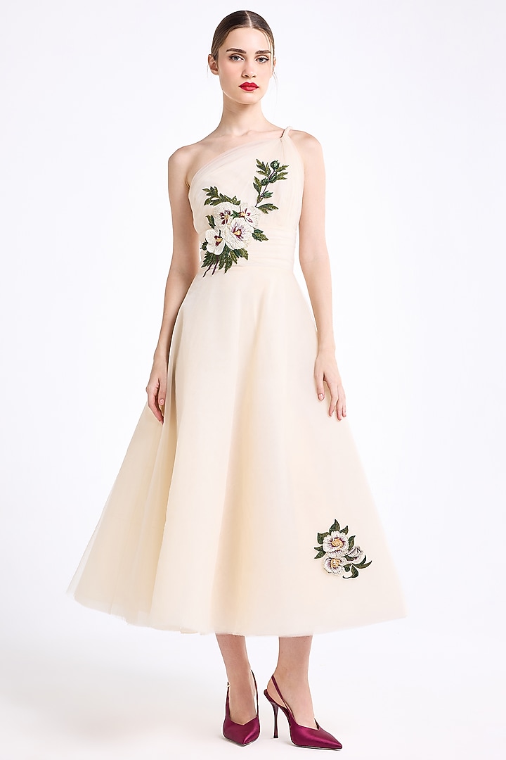 Nude Tulle Thread Embroidered Draped Midi Party Wear Dress by Gauri And Nainika at Pernia's Pop Up Shop