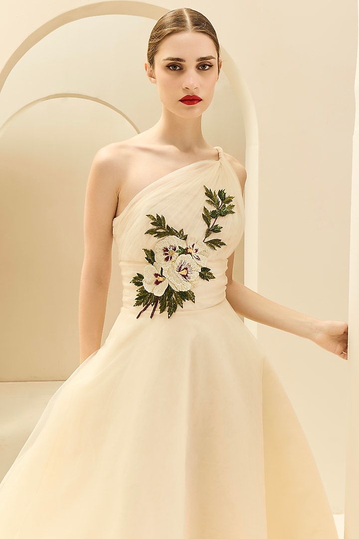 Nude Tulle Thread Embroidered Draped Midi Party Wear Dress by Gauri And Nainika at Pernia's Pop Up Shop
