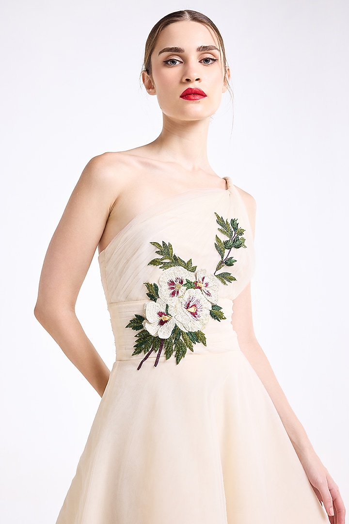 Nude Tulle Thread Embroidered Draped Midi Party Wear Dress by Gauri And Nainika at Pernia's Pop Up Shop