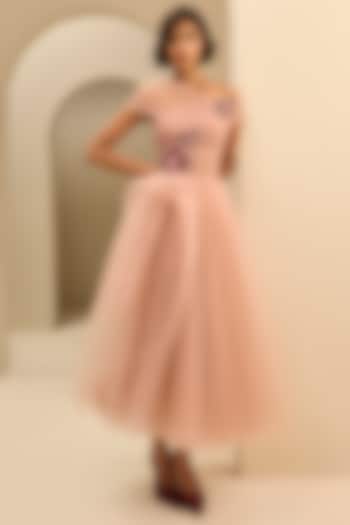 Dusty Pink Tulle Thread Embroidered Corset Draped Midi Party Wear Dress by Gauri And Nainika at Pernia's Pop Up Shop
