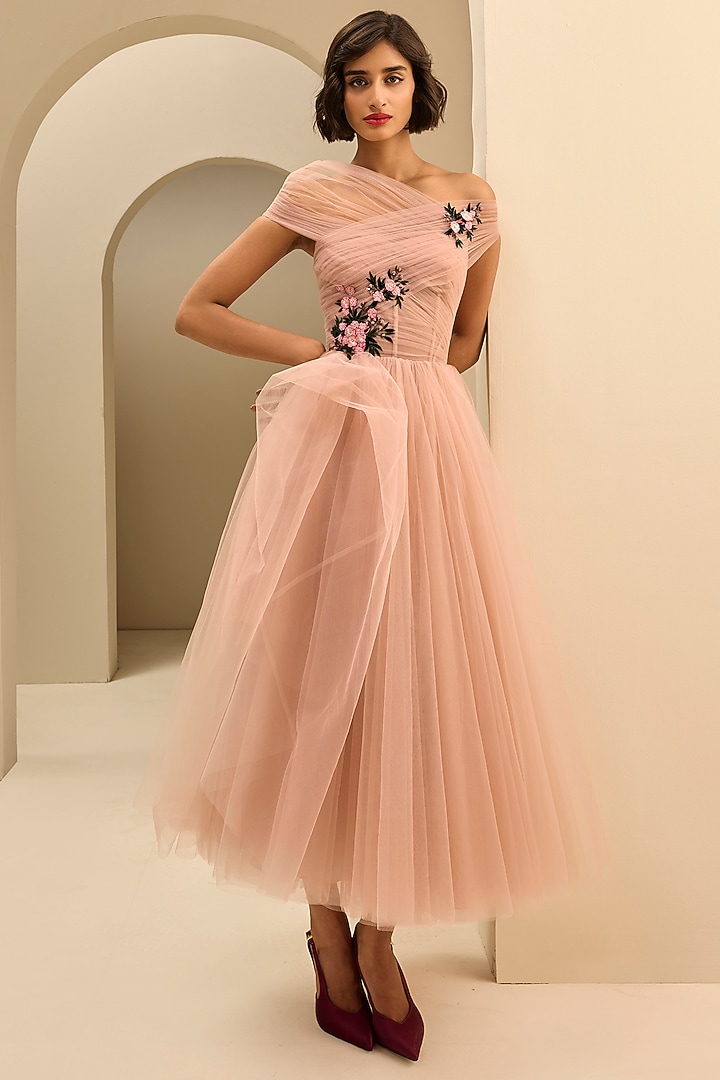 Dusty Pink Tulle Thread Embroidered Corset Draped Midi Party Wear Dress by Gauri And Nainika at Pernia's Pop Up Shop